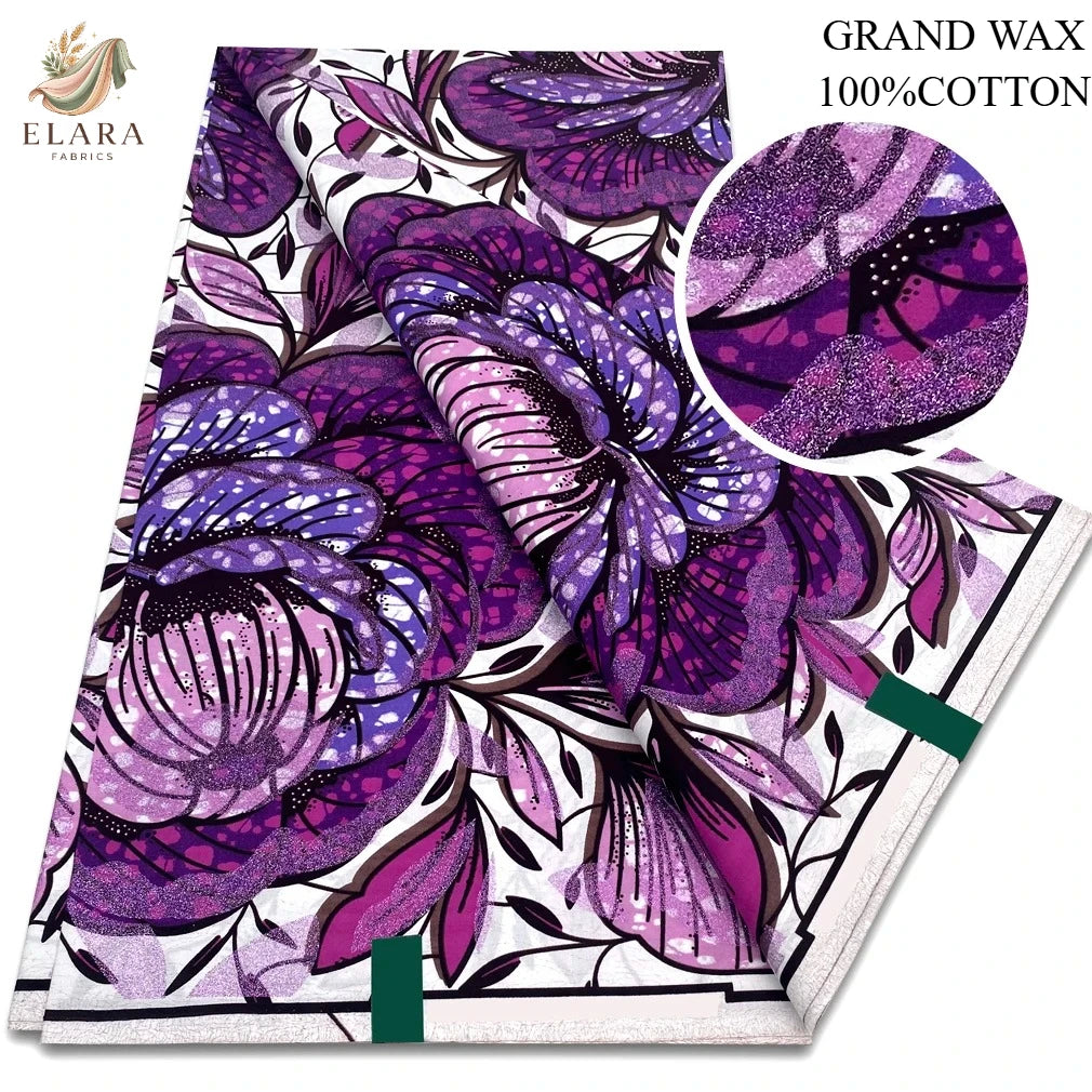 Purple and pink glitter African wax print fabric featuring floral patterns