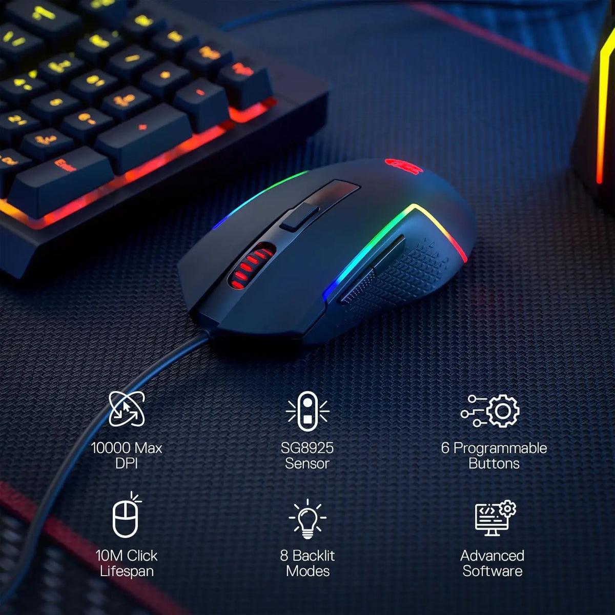 A close-up of a Redragon M616 RGB gaming mouse resting on a dark surface, highlighting its features like high DPI and program