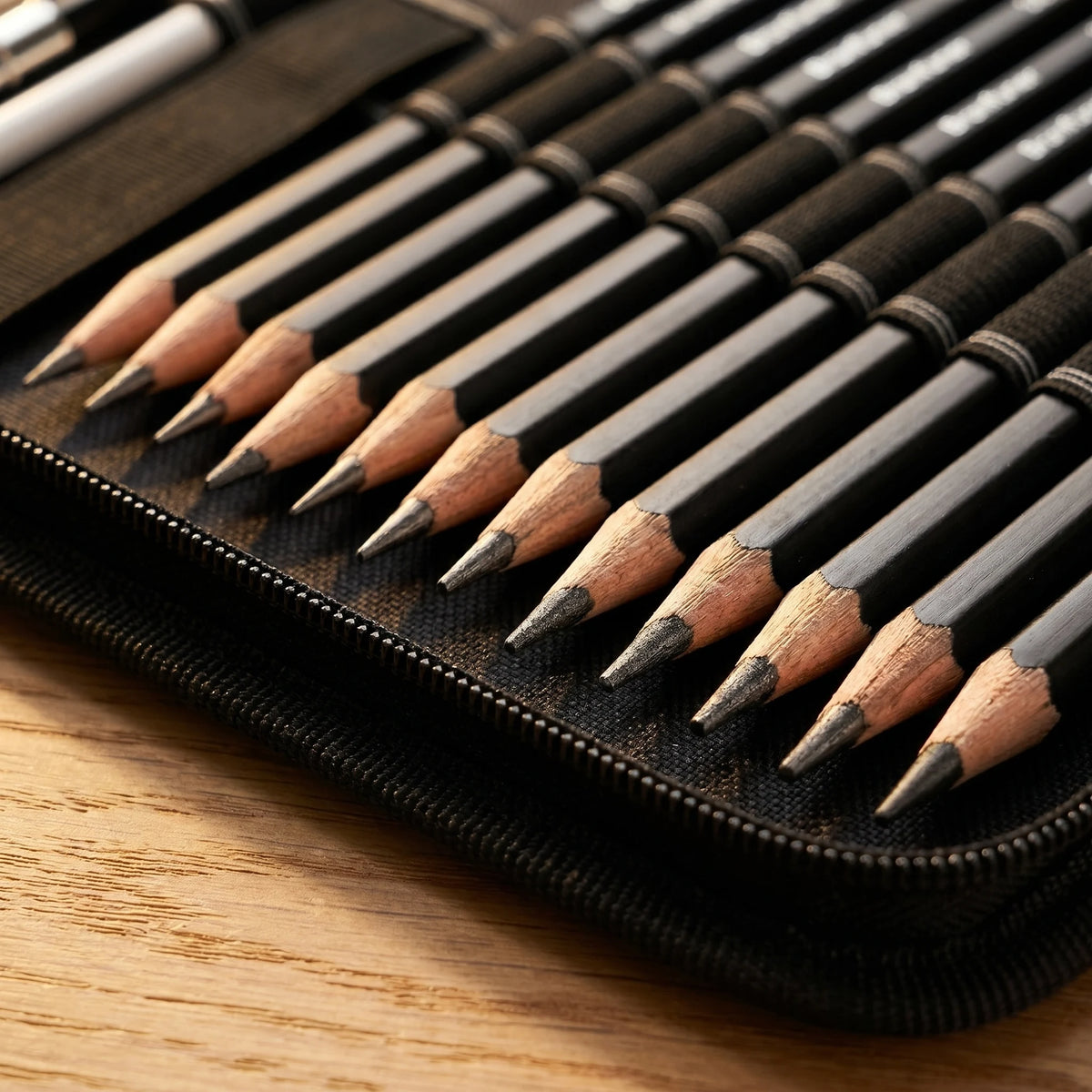 A close-up view of a set of graphite and charcoal pencils arranged in a black zippered case on a wooden surface.
