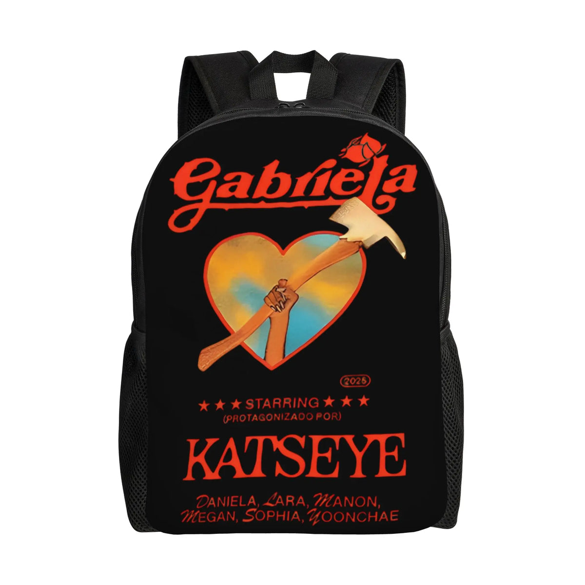 Black canvas daypack backpack featuring a graphic design with a heart and a hammer.