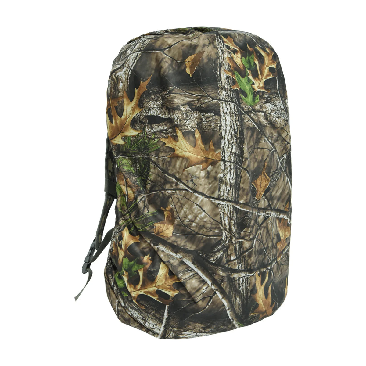 A camouflage patterned rain cover for a backpack featuring brown and green leaves on a dark background.