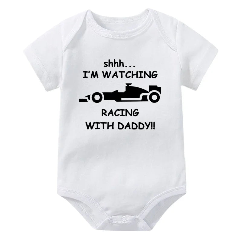 Funny Racing Baby Bodysuit - 'Watching Racing with Daddy' Newborn Romper
