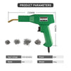 A green plastic welding gun with a staple, showing its dimensions and components.