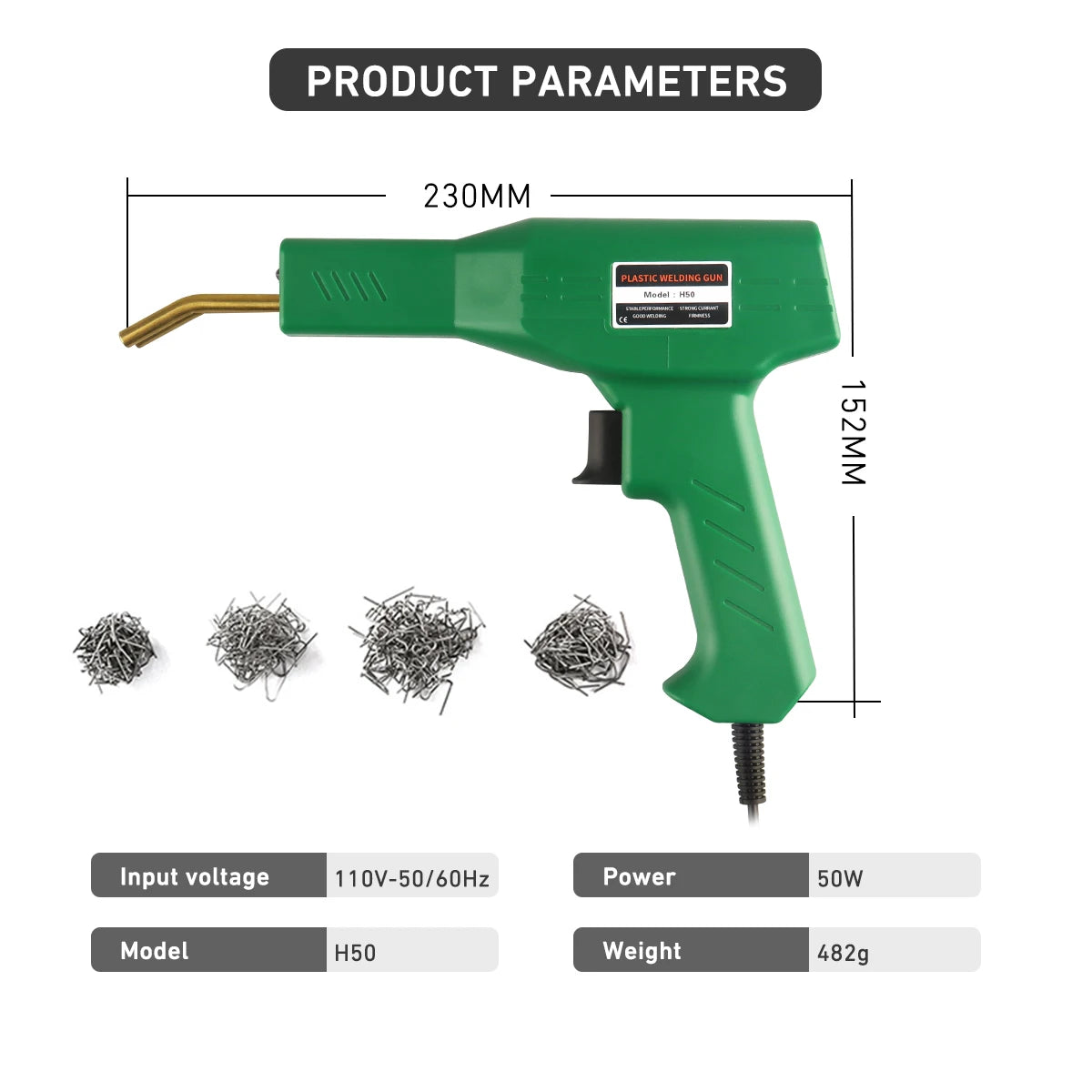 A green plastic welding gun with a staple, showing its dimensions and components.