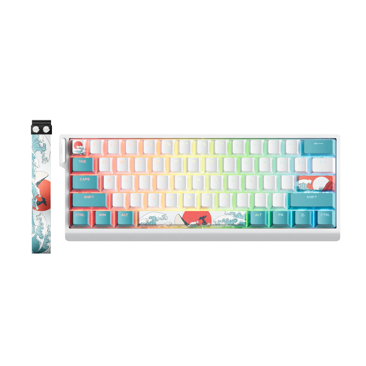 A compact 60% aluminum mechanical keyboard featuring custom art keycaps in various colors.
