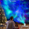 A man and a child enjoy a starry night with an Astronaut Nebula projection lamp indoors.