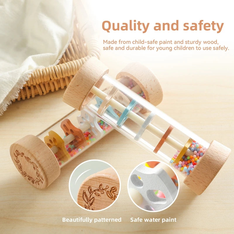 A wooden rain rattle toy made from child-safe paint and sturdy wood, showing its texture and safety features.