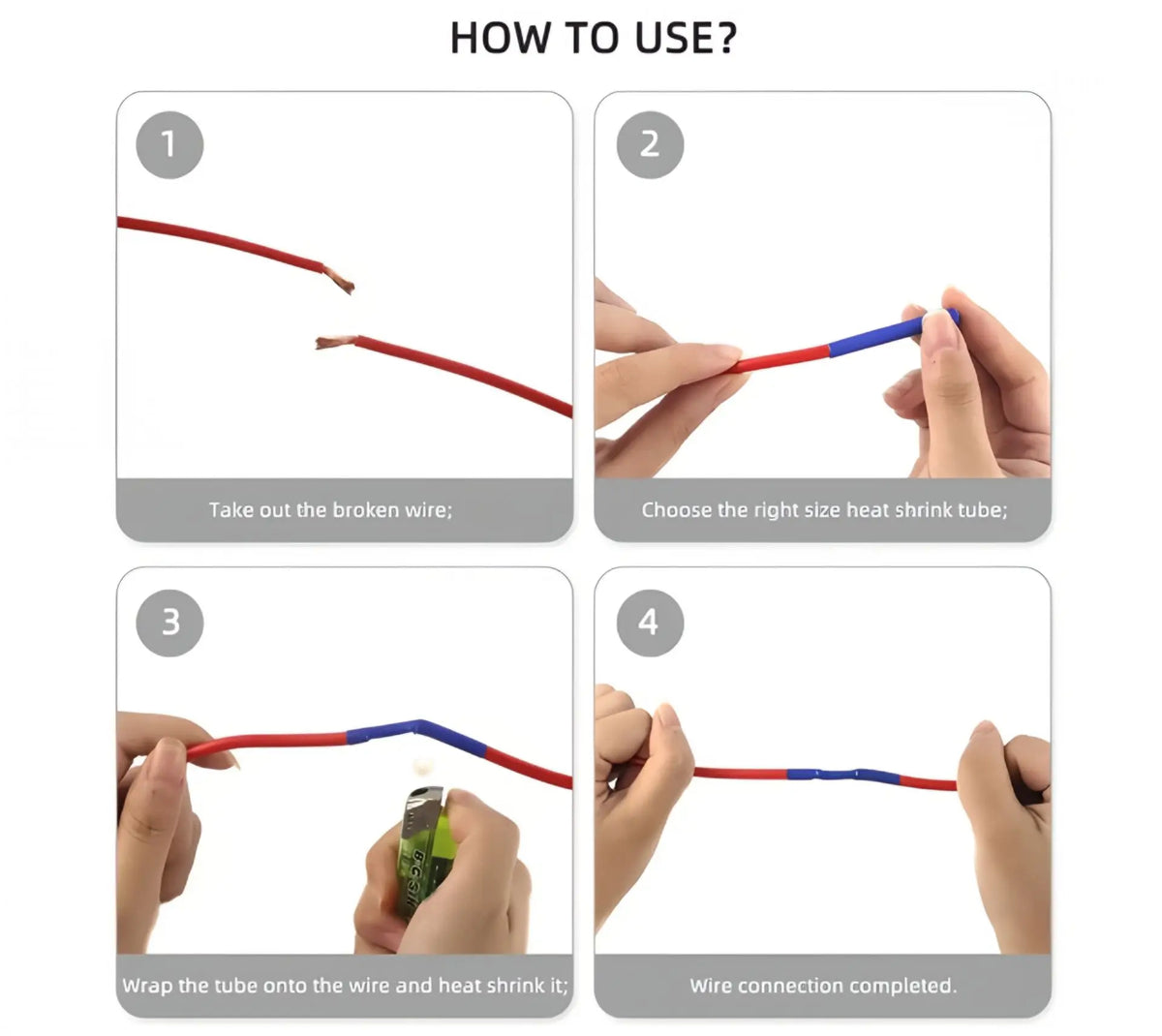 A four-step guide showing how to use a heat shrink tubing kit to protect and connect wires.