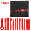 A set of 11 red auto trim removal tools and a storage bag displayed on a white background.