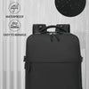 A black waterproof fabric laptop backpack is shown with water splashing around it, emphasizing its durability.