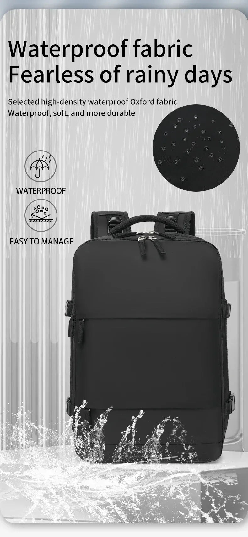 A black waterproof fabric laptop backpack is shown with water splashing around it, emphasizing its durability.