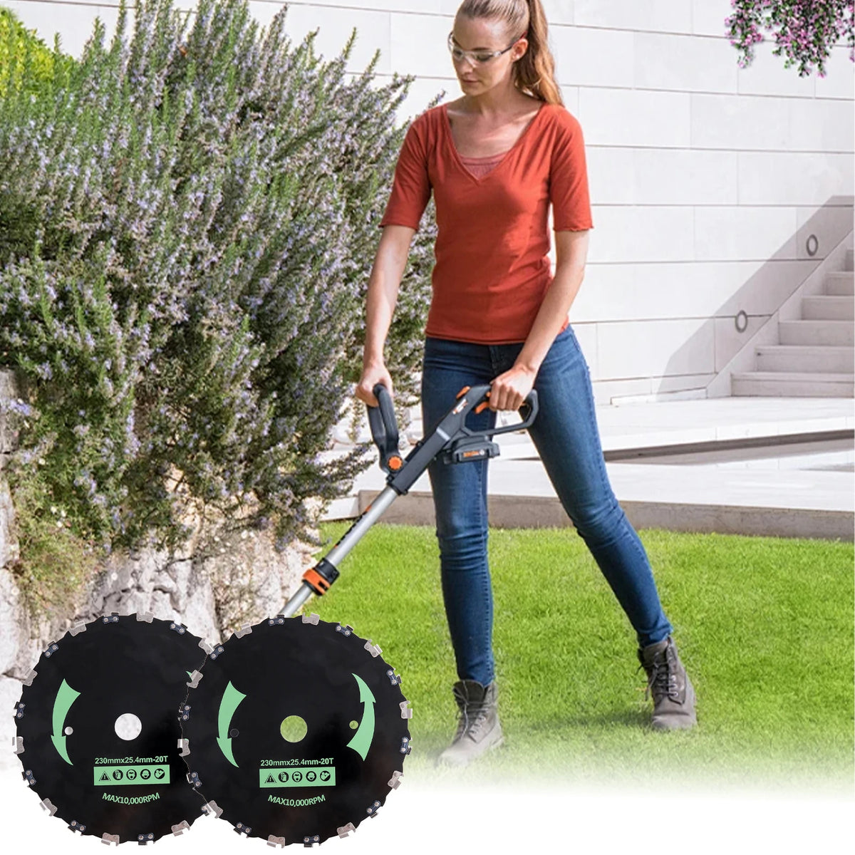 A woman is using a 9-inch alloy steel brush cutter blade for gas trimmers on a lawn.