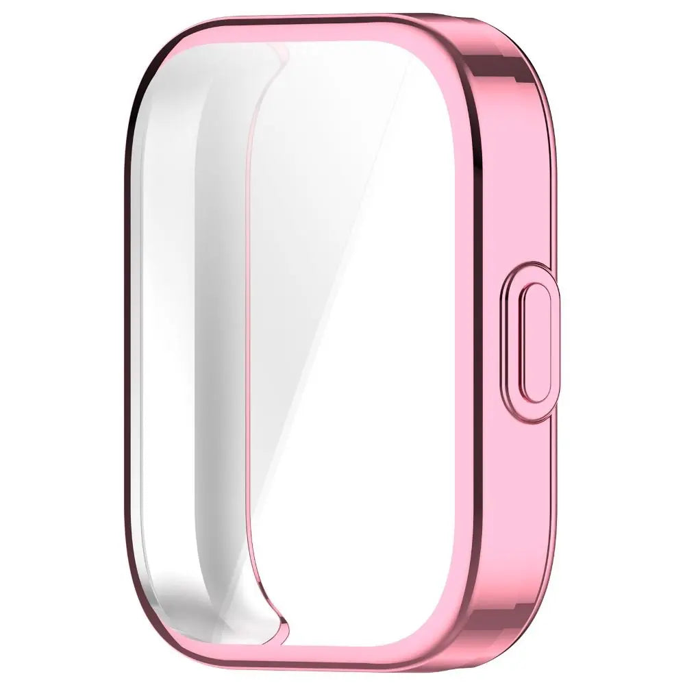 A pink Amazfit Bip 5 Unity protective TPU case shown in a clear display box.