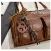Women's Retro PU Leather Shoulder Bag with Multiple Pockets & Detachable Charm