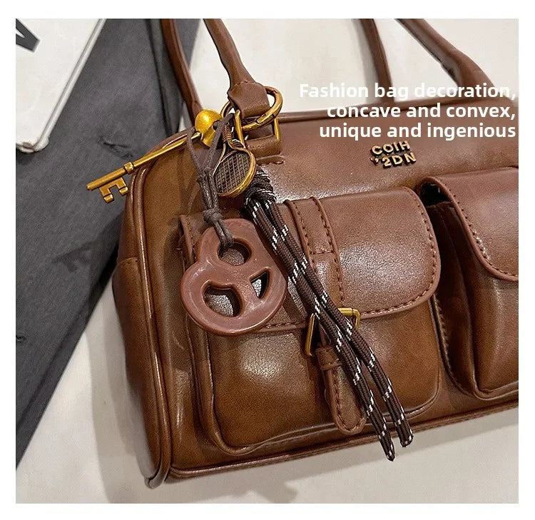 Women's Retro PU Leather Shoulder Bag with Multiple Pockets & Detachable Charm