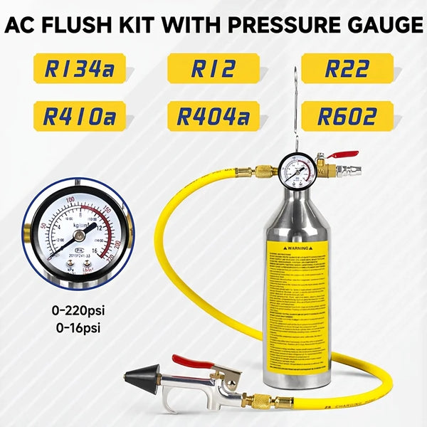 An AC flush kit with various refrigerant gauges R134a, R12, R22, and R602, complete with a pressure gauge and spray gun.