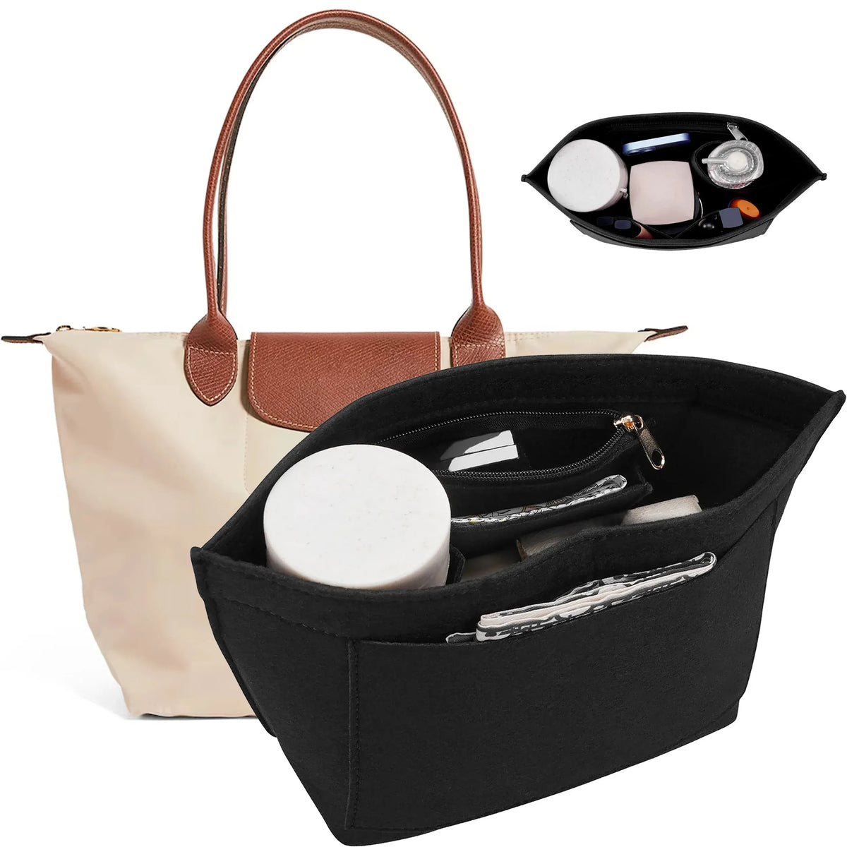 A black felt organizer insert with compartments and a lid is shown next to a beige canvas tote bag.