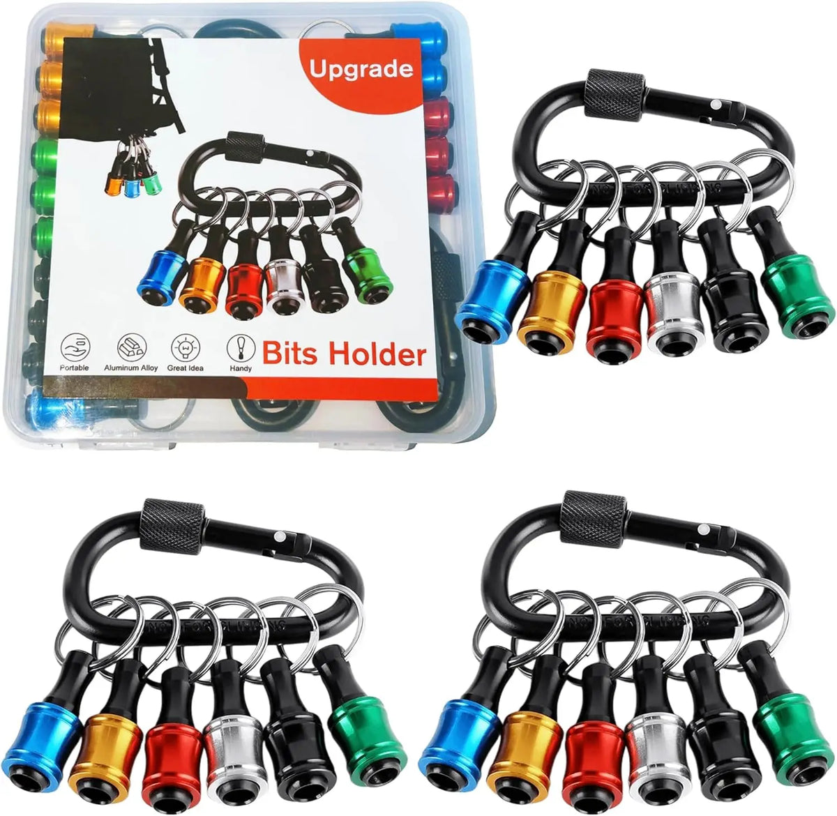 A set of magnetic hex bit holders keychain with quick-release chucks in various colors like blue, gold, red, and green.