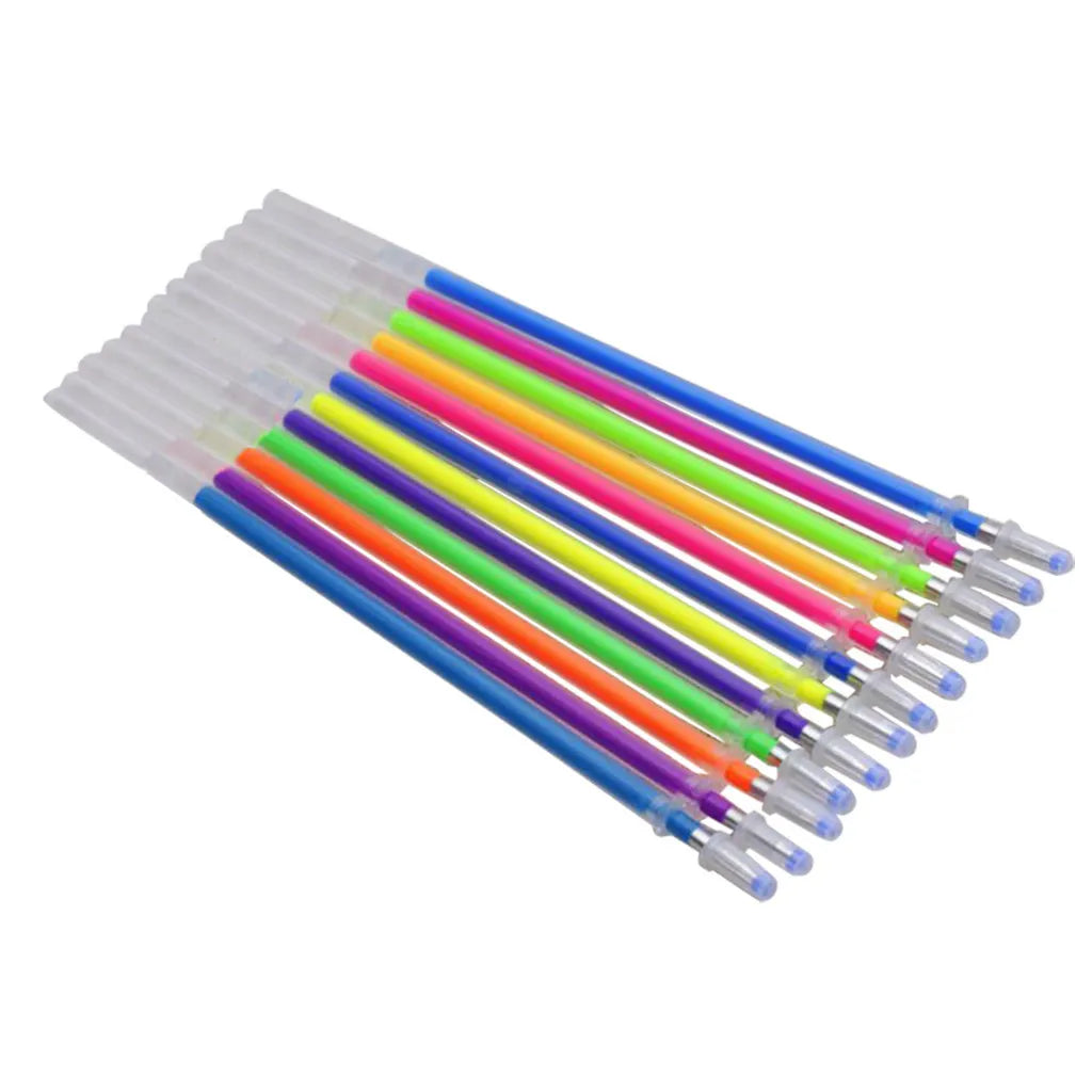 A collection of vibrant gel pen refills in various colors including glitter, metallic, pastel, and neon ink.