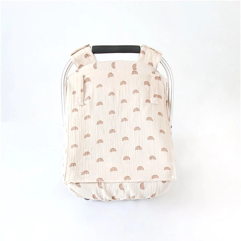 A beige breathable 2-in-1 car seat cover and mosquito net for babies with a padded back