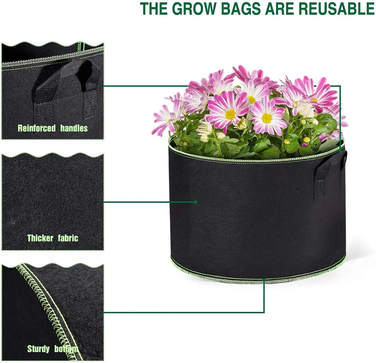 A black grow bag filled with pink and white flowers, showing reinforced handles, thicker fabric, and a sturdy bottom.