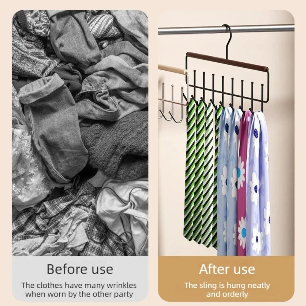Before and after images showing a clothing sling organized on a wall-mounted iron and wood organizer rack