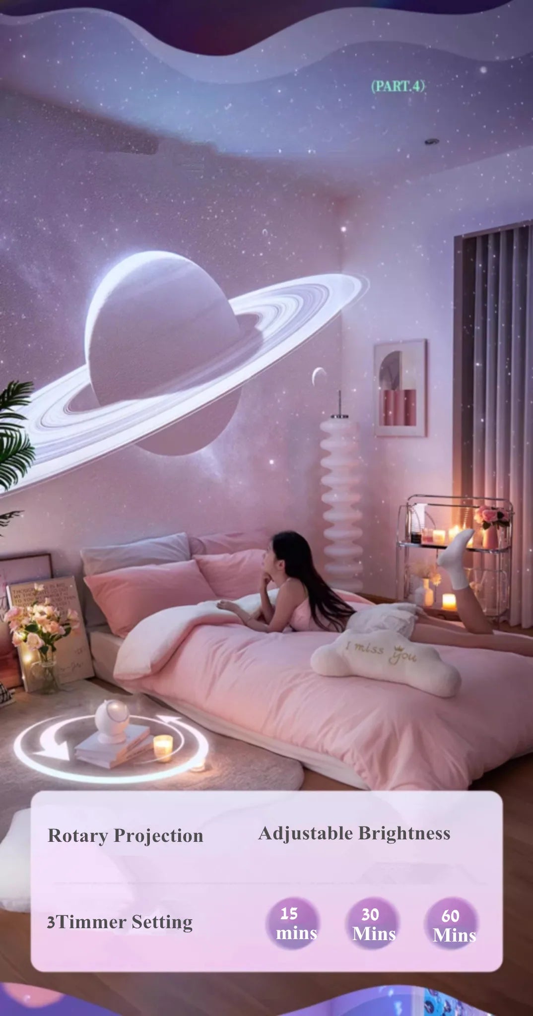 A pink bedroom scene featuring a galaxy projection light and a person relaxing on a bed.