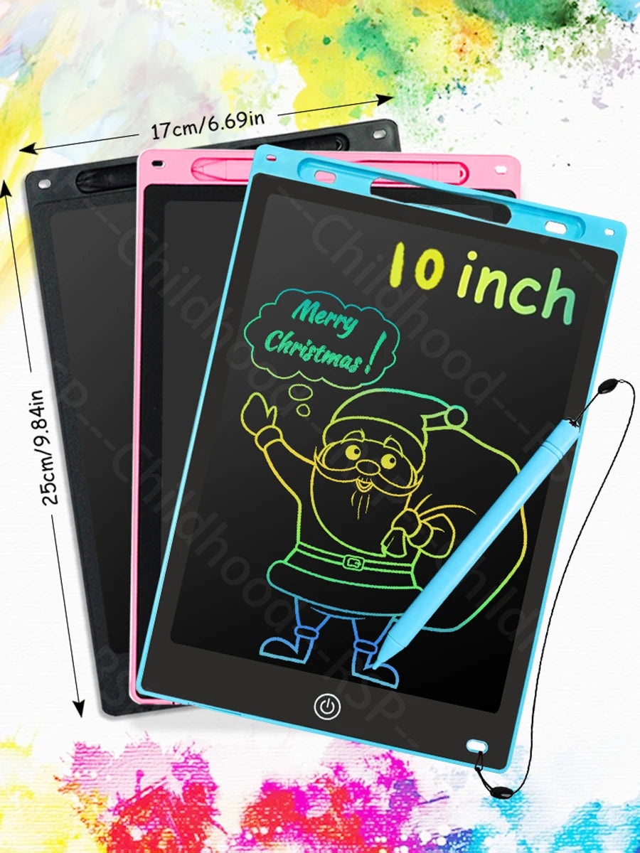 A black LCD writing tablet for kids displaying a Merry Christmas design with a green stylus pen.