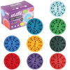 A set of nine colorful math fidget spinners showing multiplication and division facts for practice.