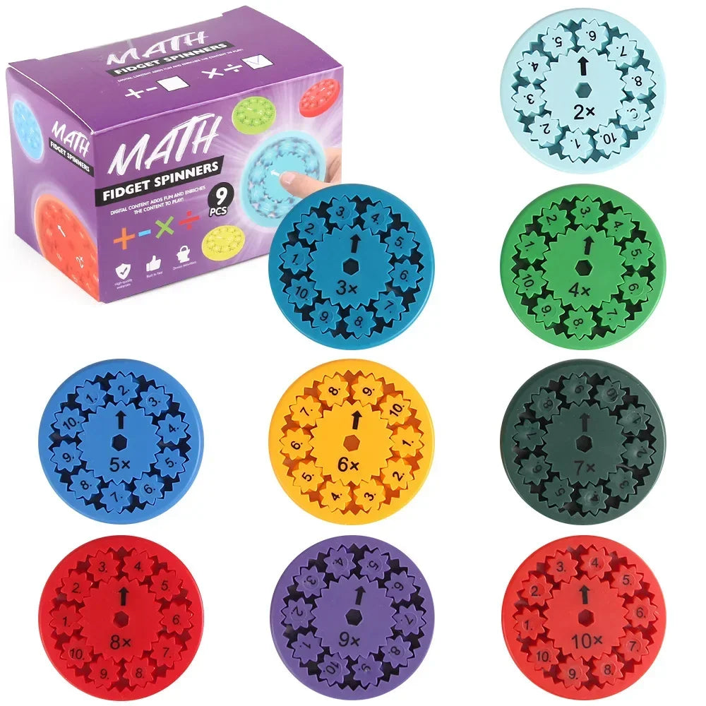 A set of nine colorful math fidget spinners showing multiplication and division facts for practice.