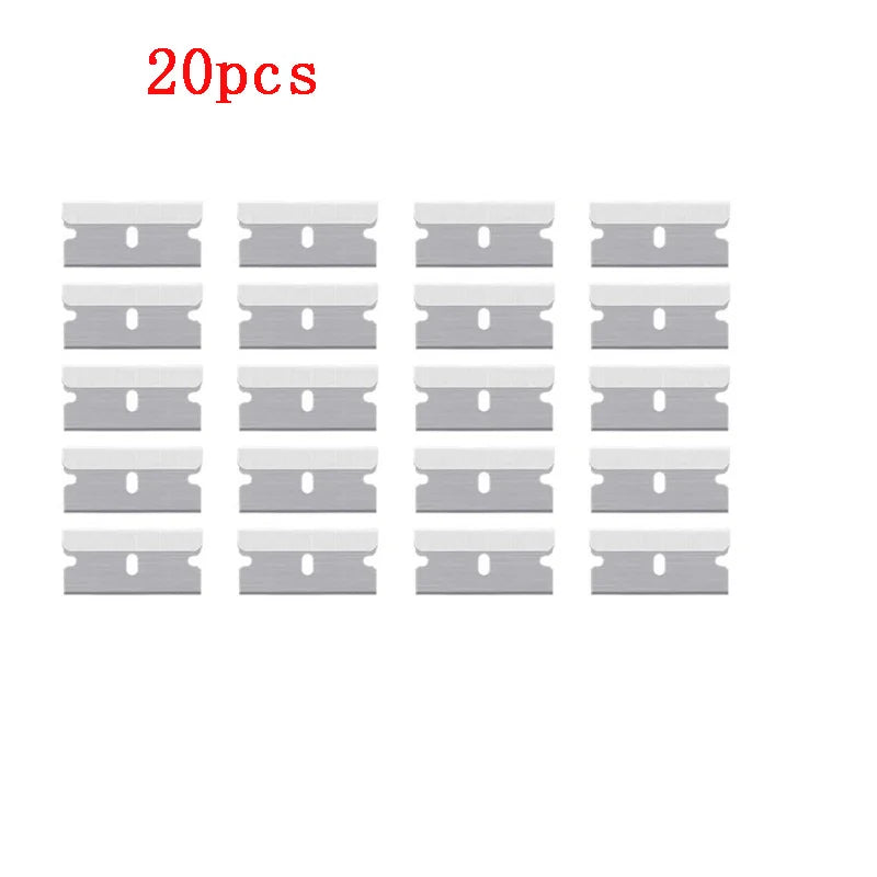 Twenty individual silver razor blade scraper tools for removing stickers, paint, and adhesives