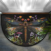 A half-round doormat featuring a dark background with colorful floral and dragonfly designs.