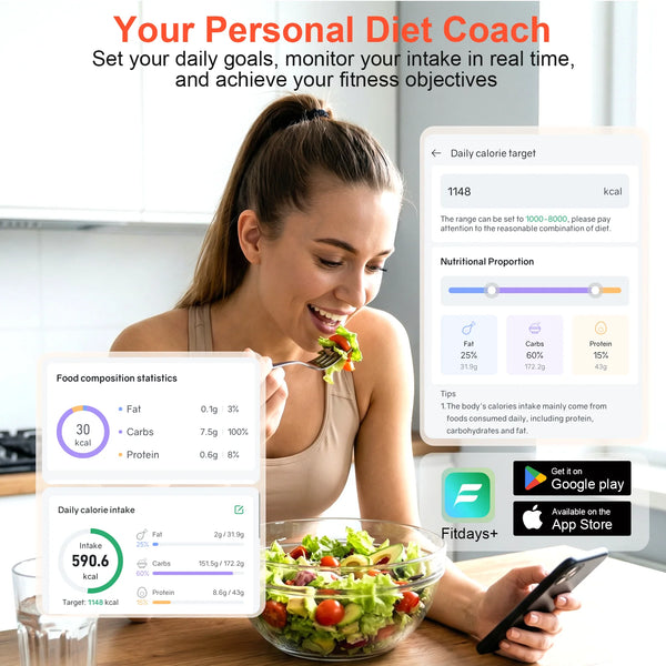 Una mujer usa una báscula de cocina digital y un smartphone para registrar su ingesta calórica diaria para objetivos de fitne