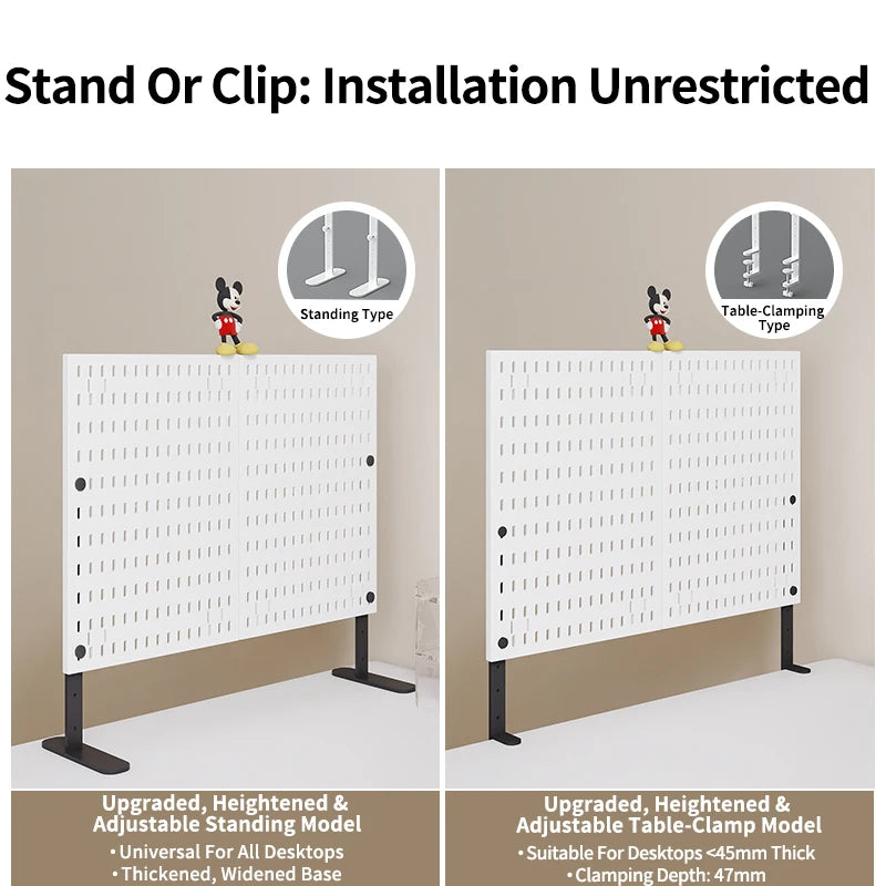 White desktop pegboard organizer shown standing and table-clamping types for unrestricted installation