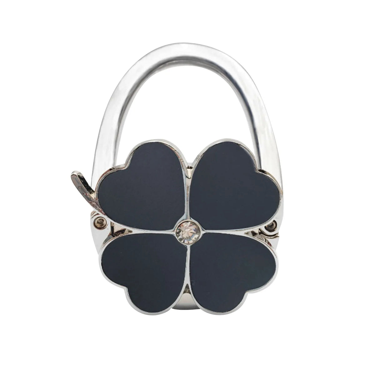 Silberne Handtaschenhaken mit schwarzem Vierblättern-Design.