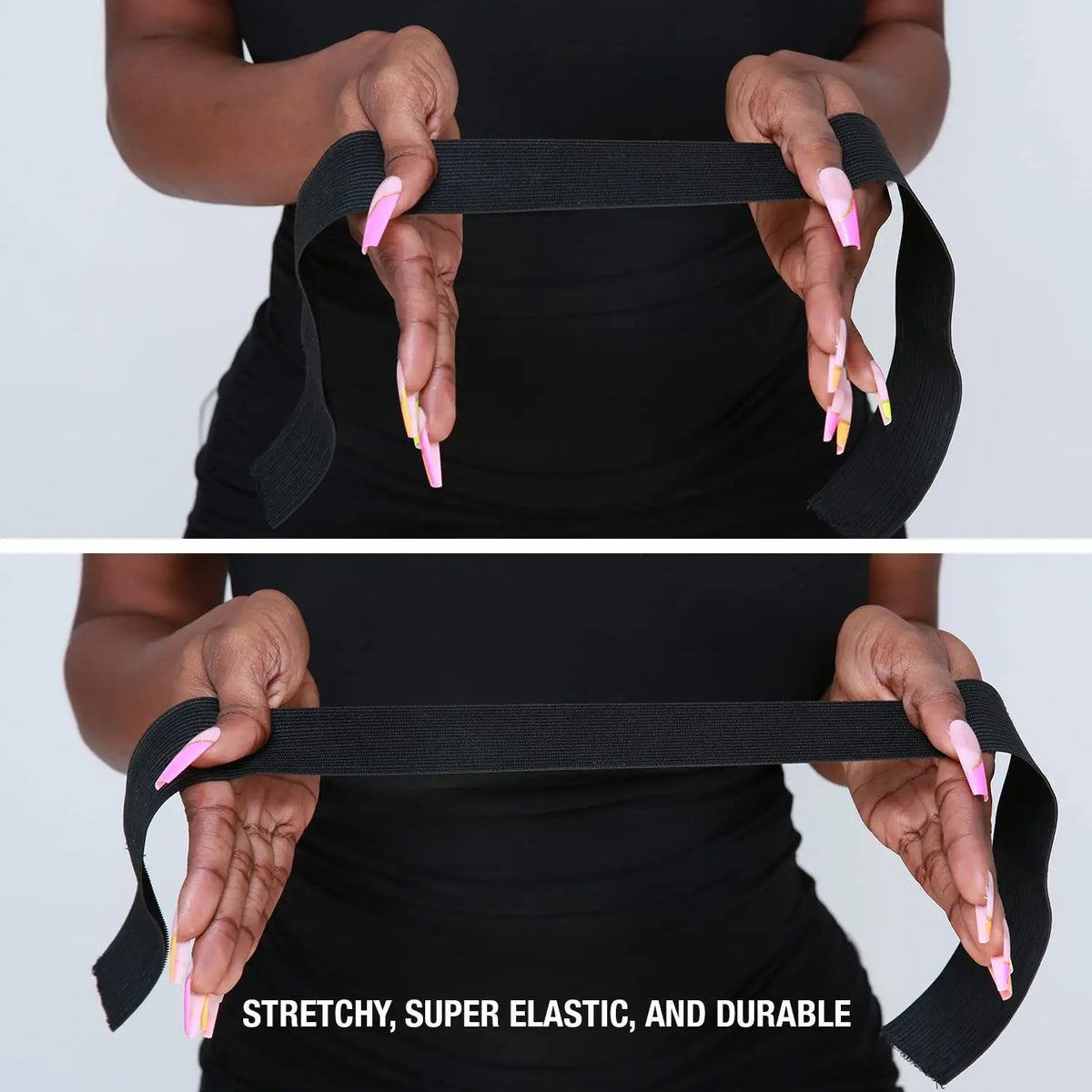 Hands demonstrate the stretchy, super elastic, and durable adjustable lace frontal wig bands.