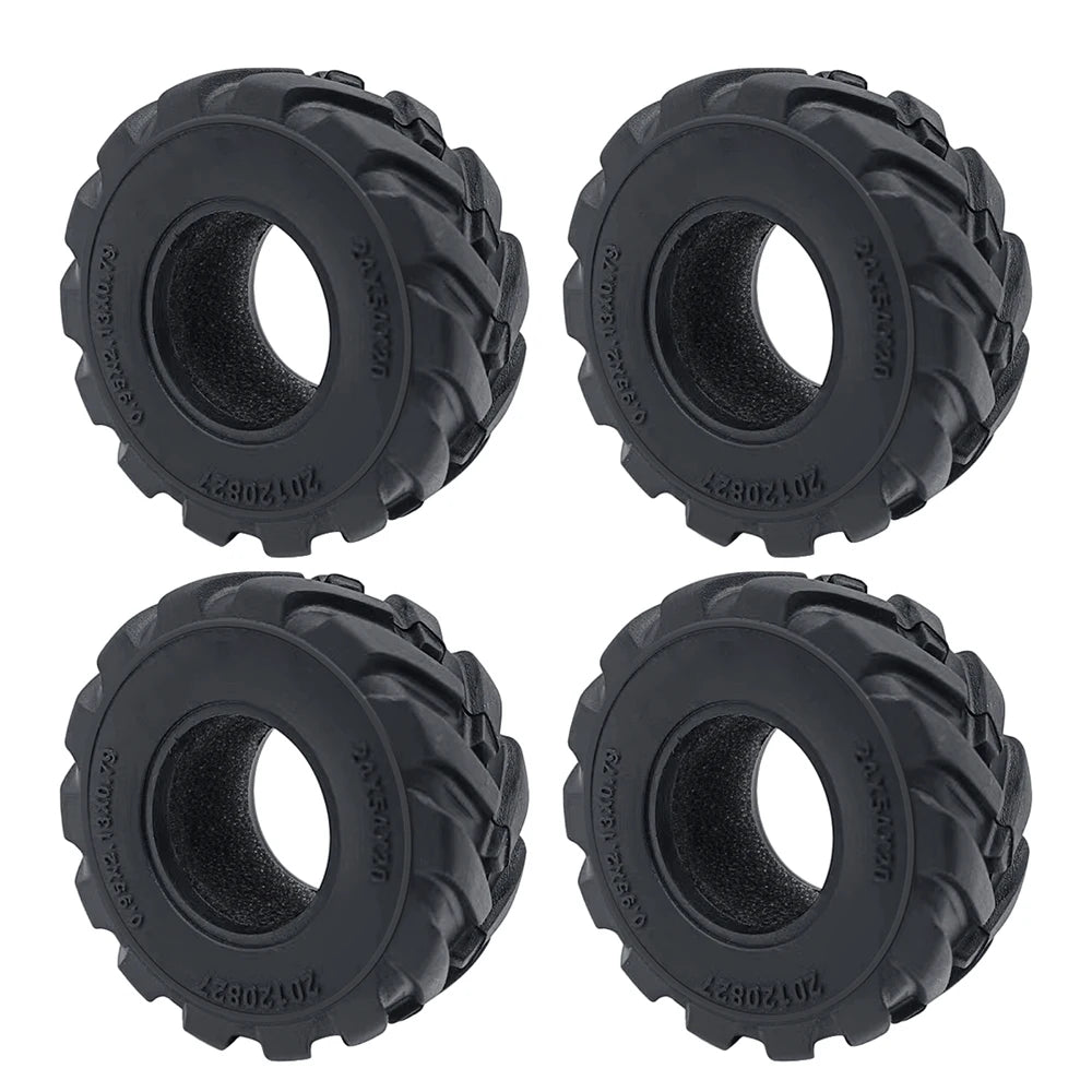 Four black soft rubber tires for 1/18 and 1/24 RC crawler cars shown from various angles