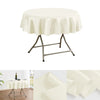 A round table draped with a luxurious cream satin tablecloth and supported by a metal stand.
