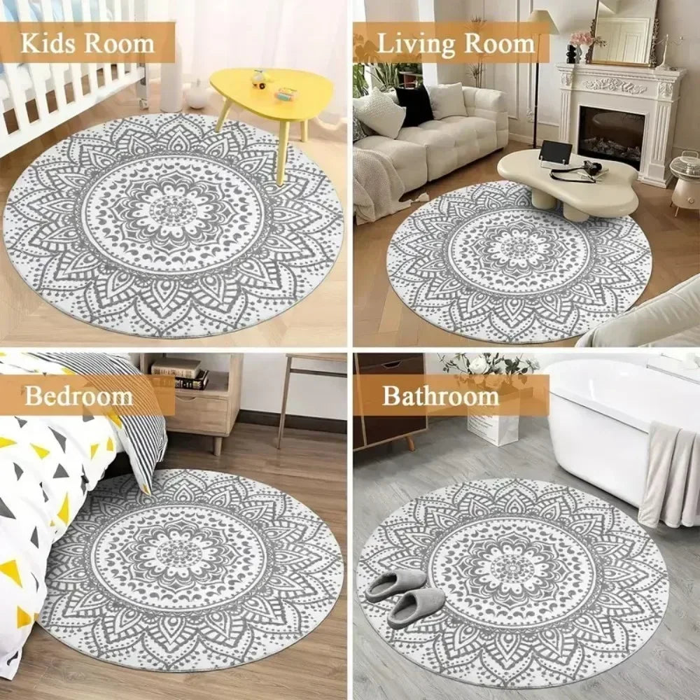 A collection of round anti-slip rugs featuring intricate mandala patterns in gray and white for various rooms.