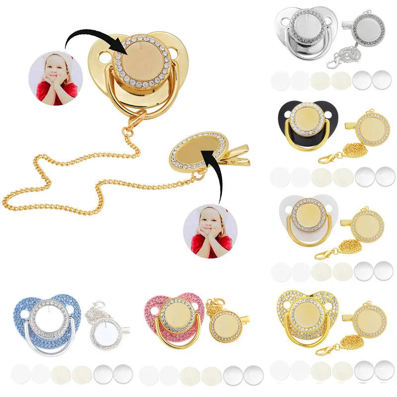 Gold and silver rhinestone pacifier clip set with various sizes and colors for babies