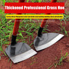 A thickened professional grass hoe with a metal blade is shown lying on reddish-brown soil amidst green grass.