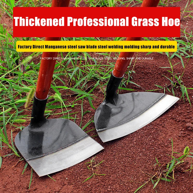 A thickened professional grass hoe with a metal blade is shown lying on reddish-brown soil amidst green grass.