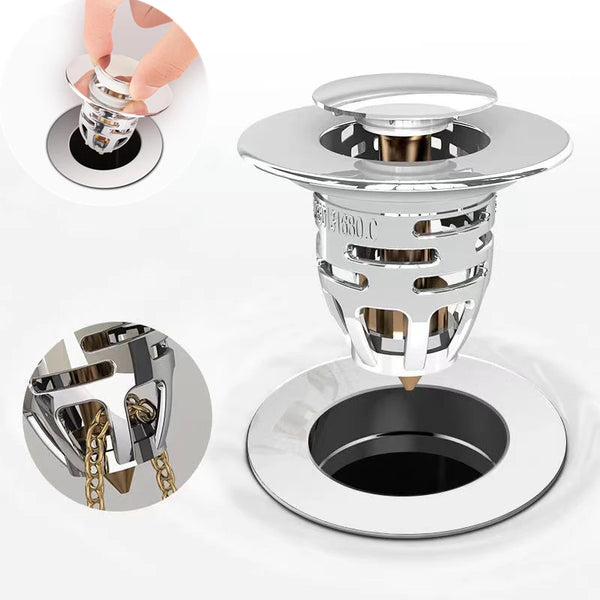 A silver pop-up sink drain stopper with a threaded mechanism and a separate chain for securing the drain.