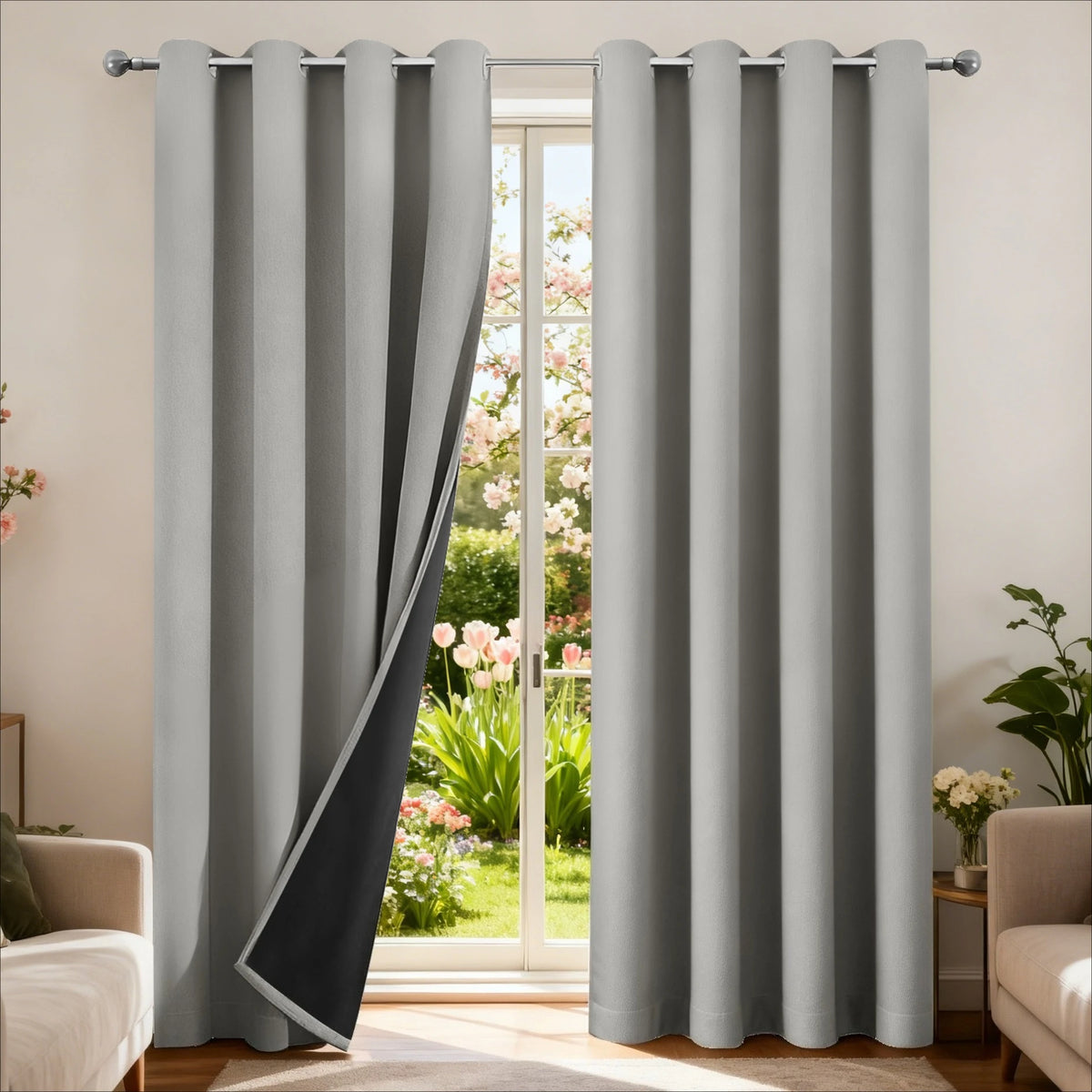 Gray insulated blackout curtain panels with grommet tops hanging in a doorway