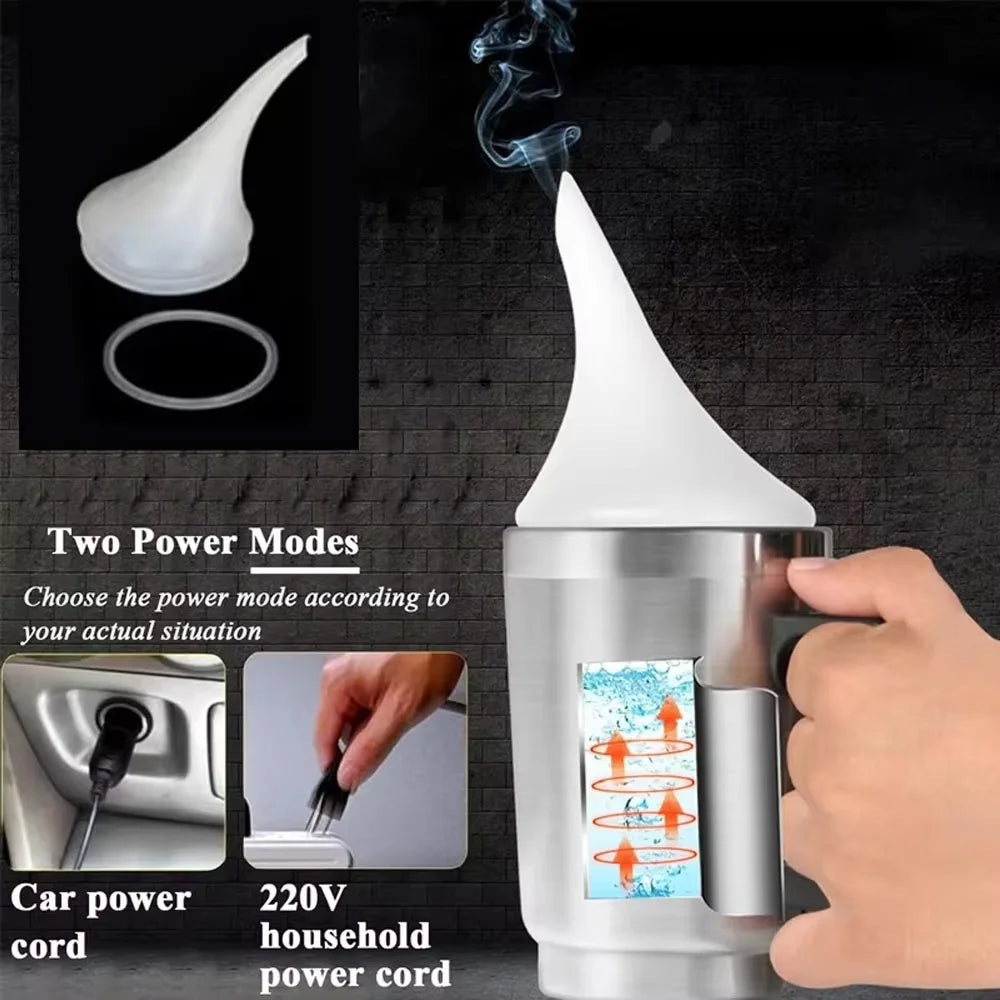 Dispositivo manual plateado para restauración de faros de coche, mostrado con cables de alimentación y una mano.