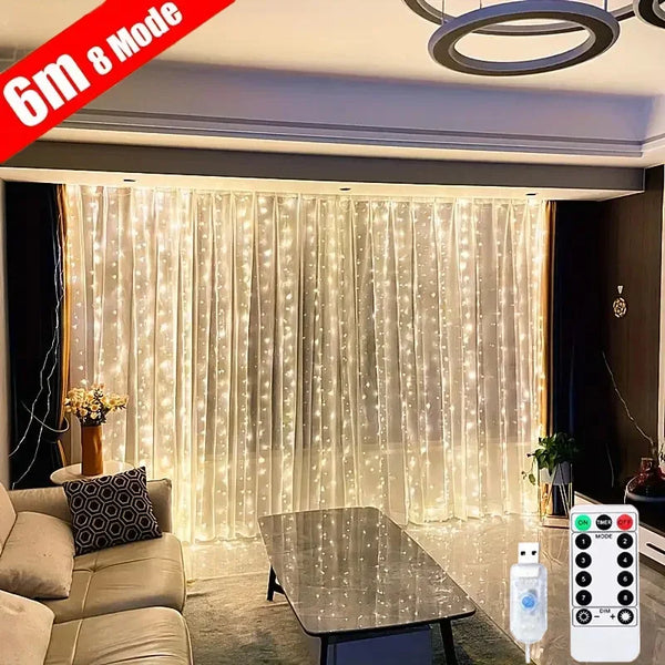 USB fairy string lights with remote control showing a bright curtain display in a room.