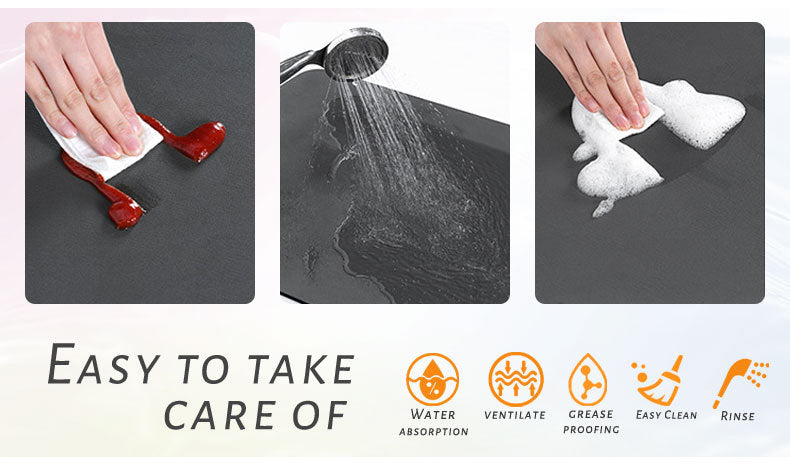 Demonstration of a diatomite coffee mat showing water absorption, ventilation, grease proofing, easy cleaning, and rinsing.