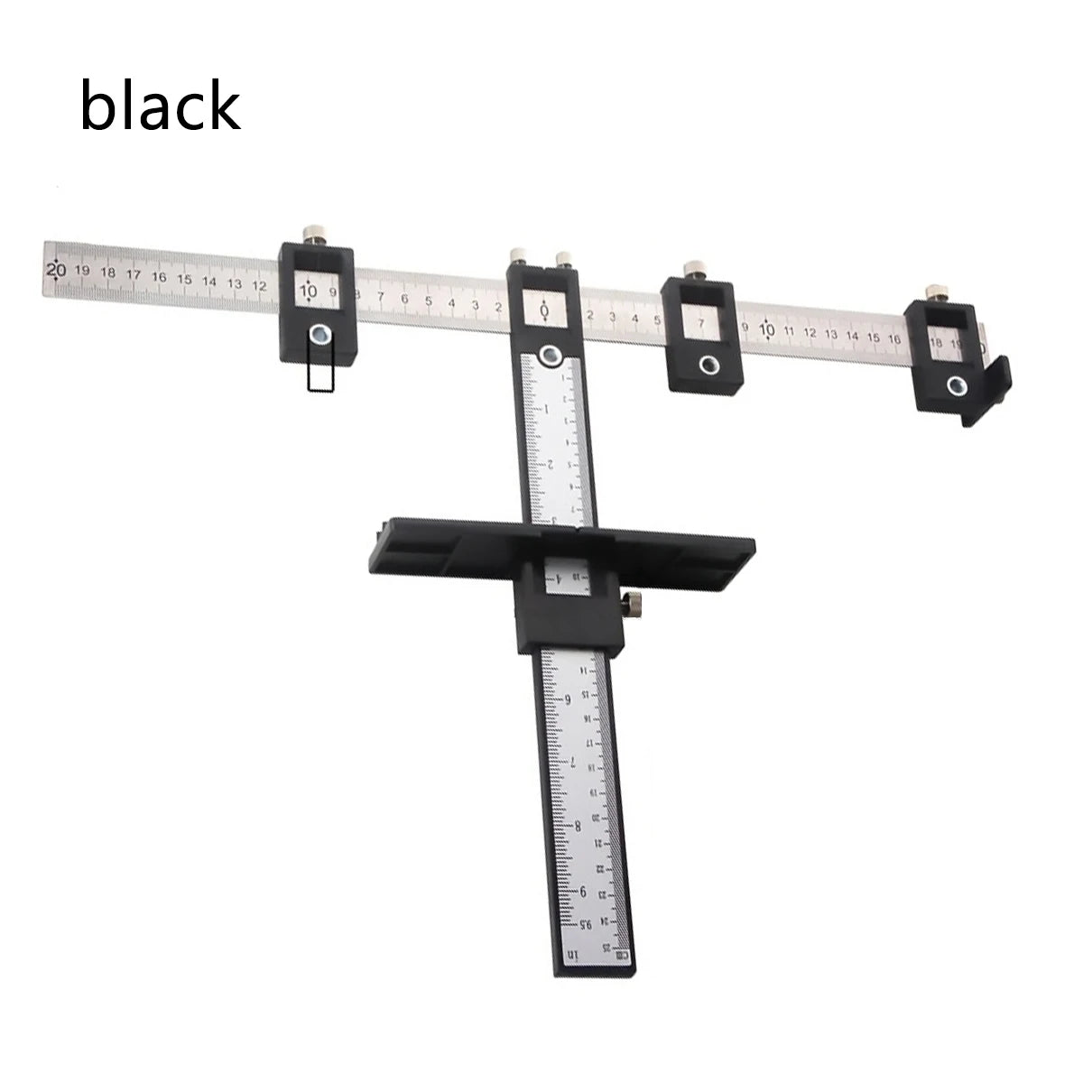 Black adjustable cabinet hardware jig with a ruler for measuring and alignment