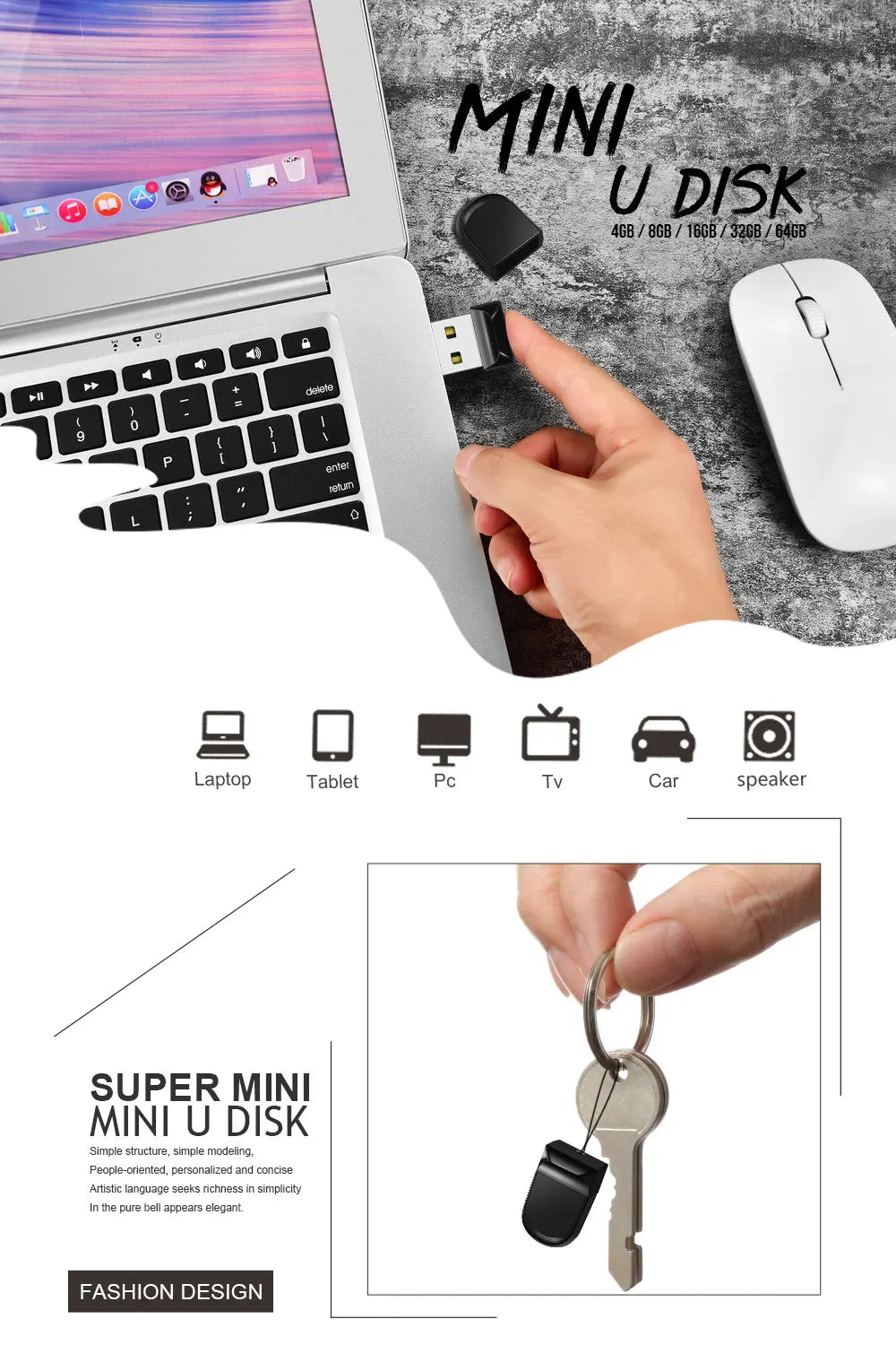 A hand holds a mini USB disk next to a laptop and various electronic devices.