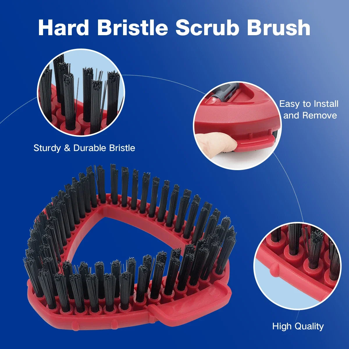 A set of red hard bristle scrub brushes shown with close-ups highlighting the sturdy bristles and easy installation.